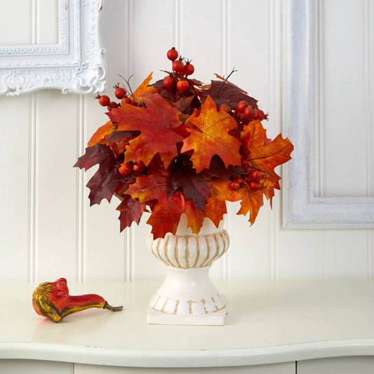 Autumn Maple Leaf and Berries artificial plant in white urn with orange maple leaves on Tampa Home & Garden Store