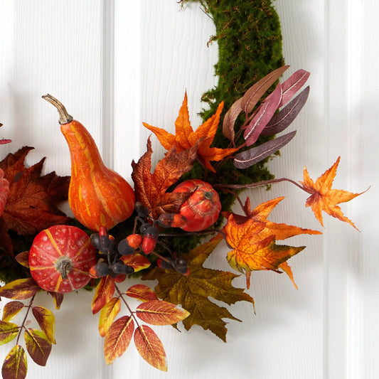 Autumn Pumpkin and Fall Maple Leaf Wreath, 20-inch artificial with pumpkins and maple leaves on Tampa Home & Garden Store