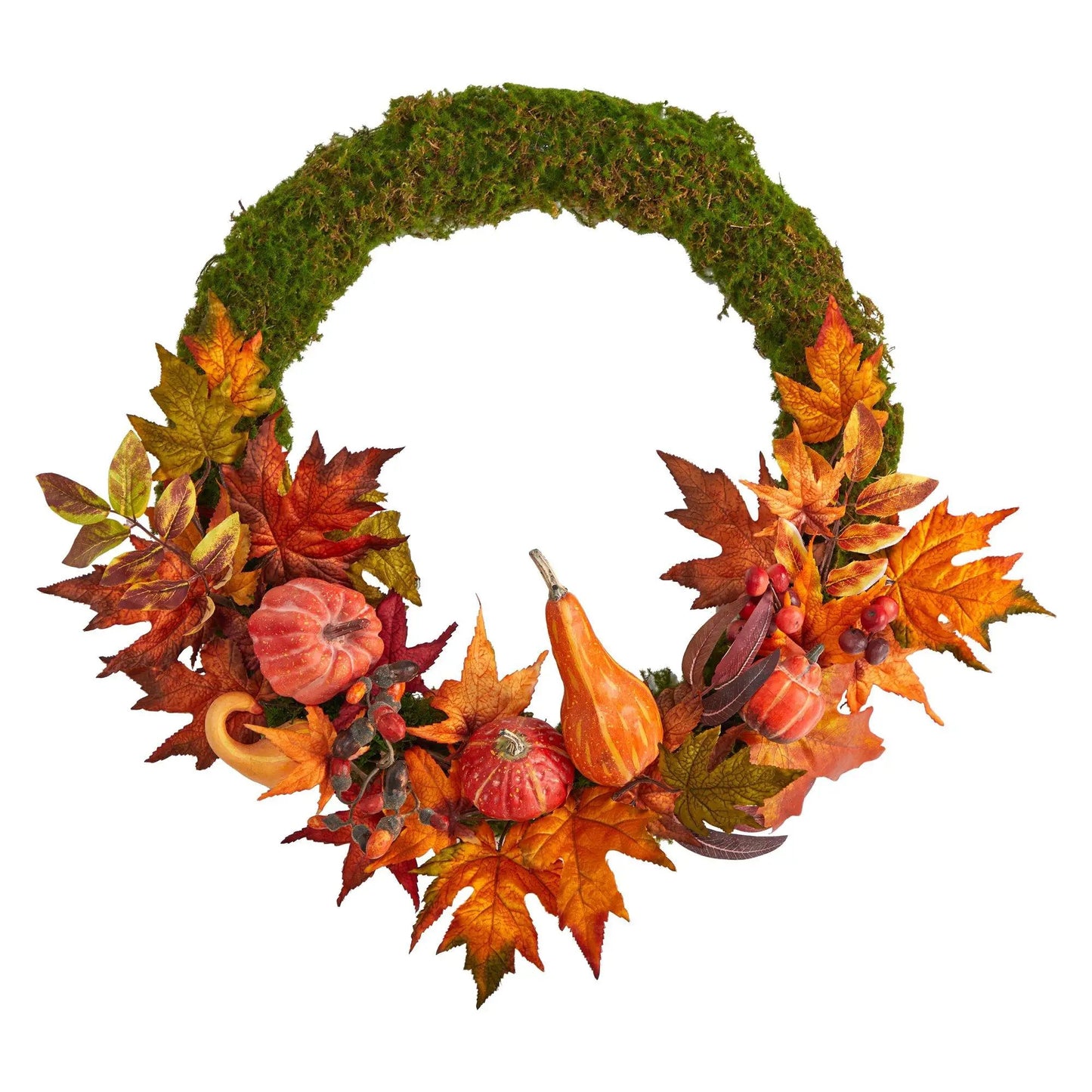 Autumn Pumpkin and Fall Maple Leaf Wreath by Nearly Natural moss ring and orange gourds on Tampa Home & Garden Store