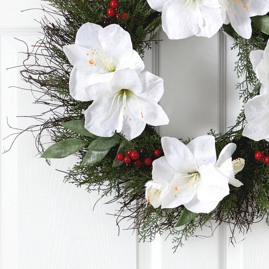 20” Cedar, Amaryllis and Ruscus with Berries Artificial Wreath - Tampa Home & Garden Store