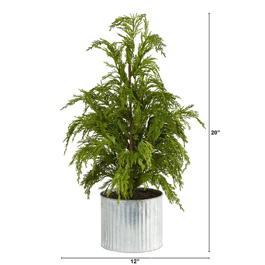 Nearly Natural 20 in Cedar Pine artificial Christmas tree in a ribbed galvanized planter on Tampa Home & Garden Store