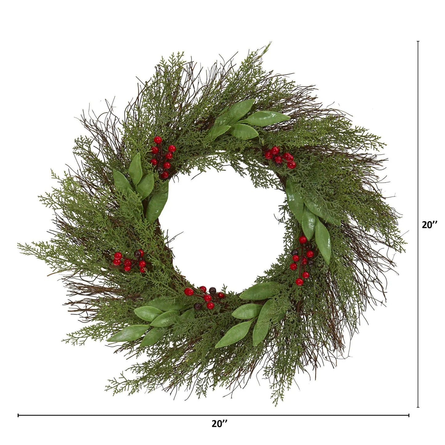 Wreath by Nearly Natural, 20-inch Cedar and Ruscus Red Berries, artificial greenery on Tampa Home & Garden Store