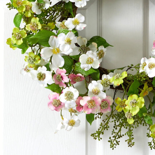 Nearly Natural 20-inch dogwood wreath with pastel white and pink blossoms and green foliage on Tampa Home & Garden Store