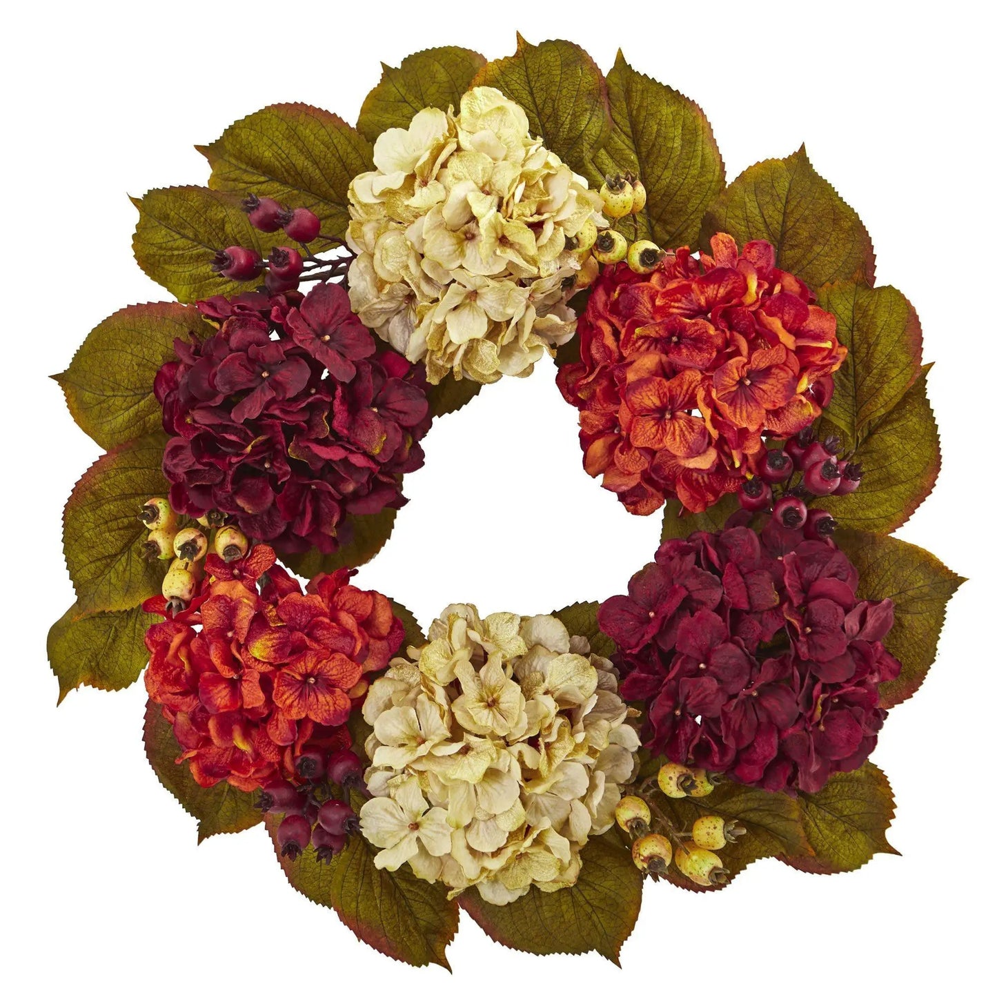 Hydrangea Berry Artificial Wreath 20in burgundy cream orange blooms with green leaves on Tampa Home & Garden Store