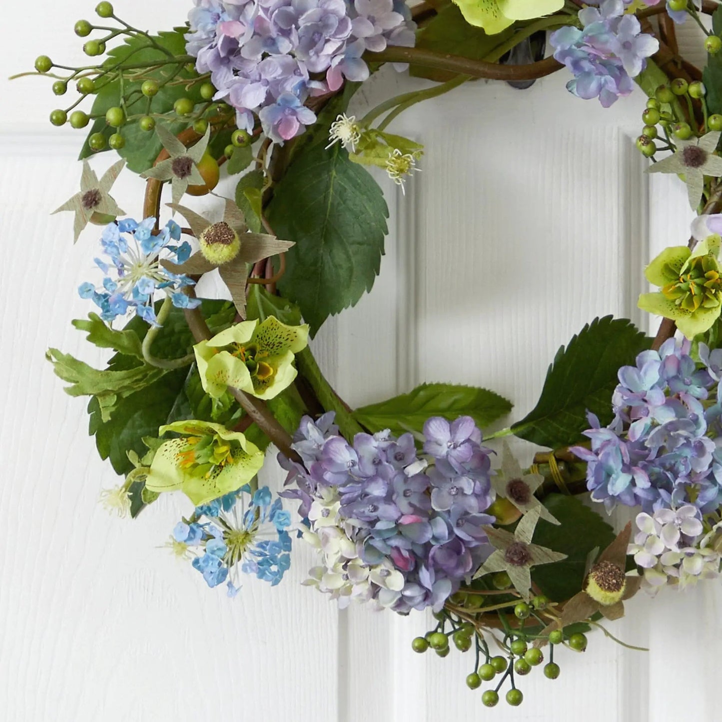 20 Inch Hydrangea Wreath with Rich Blooms pastel blue purple hydrangeas Nearly Natural on Tampa Home & Garden Store