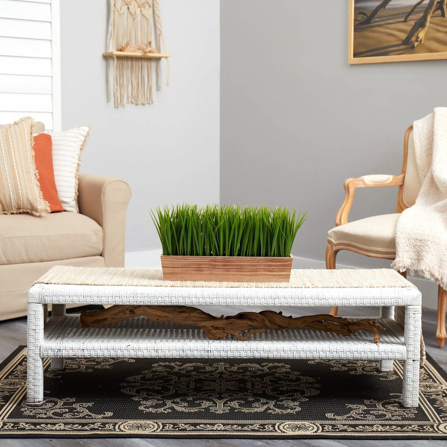 Vanilla Grass Artificial Plant in Planter with green blades in wooden planter on Tampa Home & Garden Store