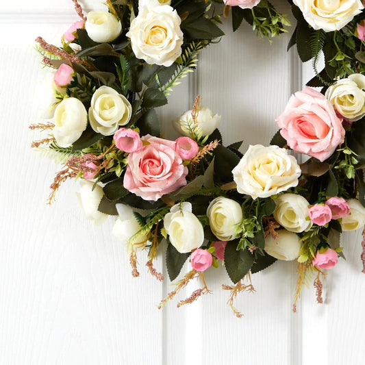 20 Inch White and Pink Rose Artificial Wreath with greenery Nearly Natural on Tampa Home & Garden Store