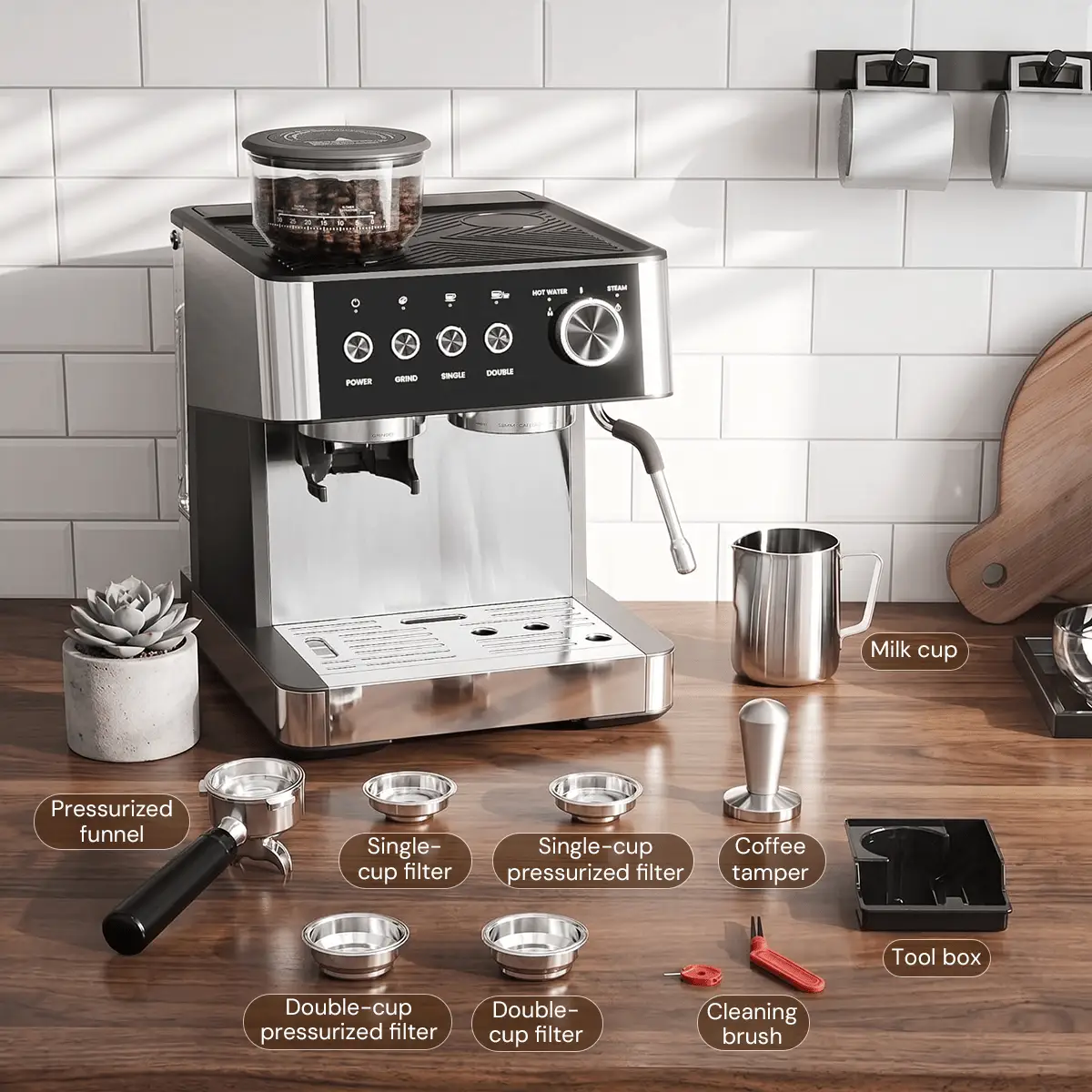 Kismile espresso machine semi automatic stainless steel body with top hopper on counter on Tampa Home & Garden Store