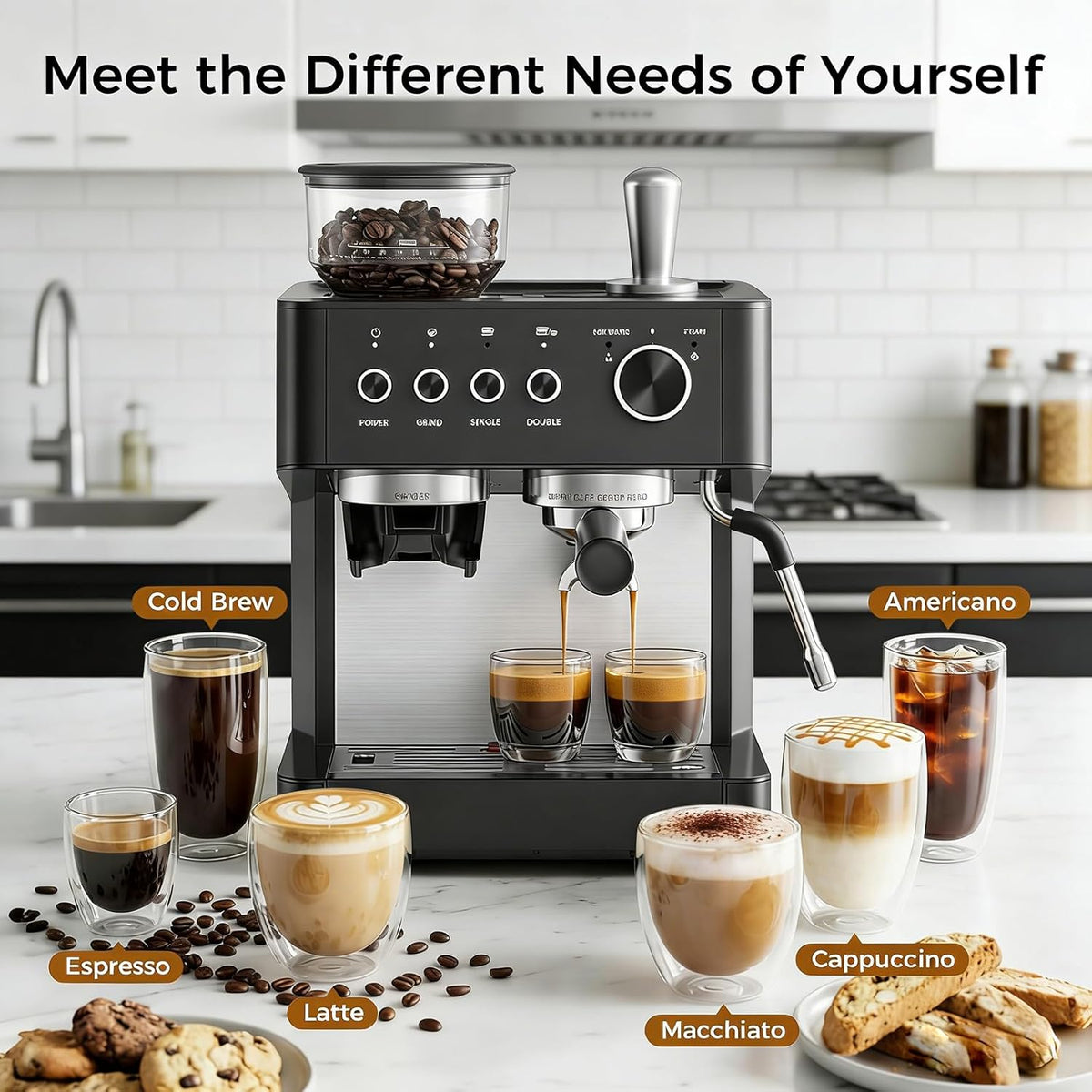 Kismile 20 Bar espresso machine CM8031 black with bean hopper and dual spouts on Tampa Home & Garden Store