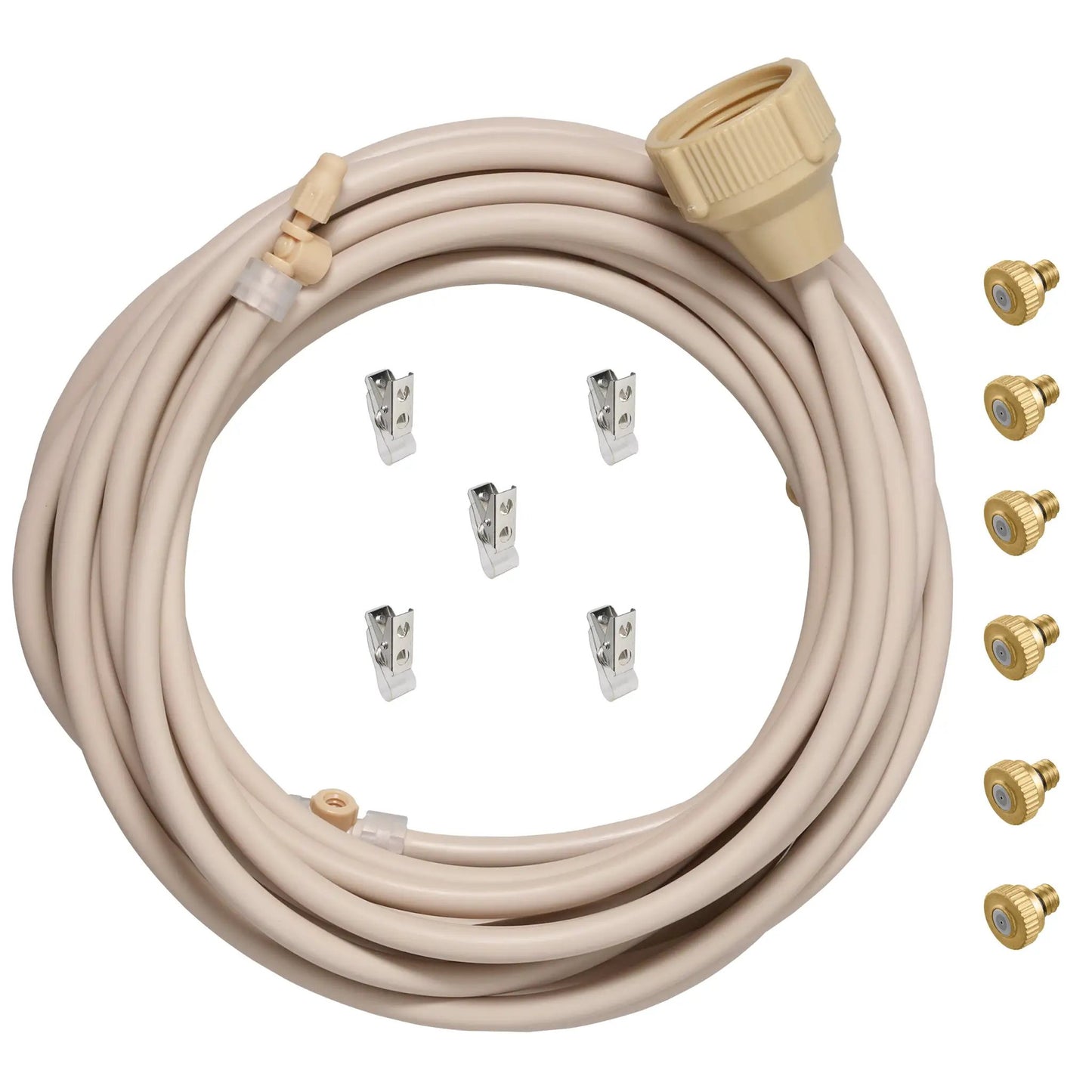 Portable mist cooling kit 12 ft for outdoor misting systems with beige tubing brass nozzles and mounting clips on Tampa Home & Garden Store
