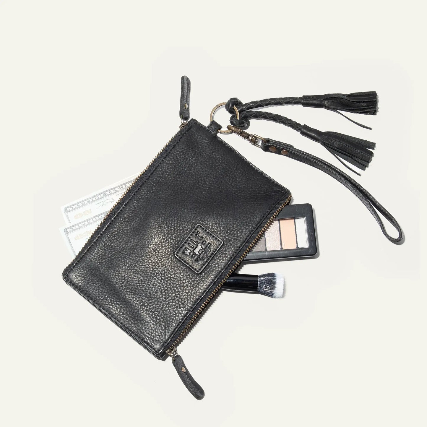 Will Leather Goods two-zipper leather money pouch wallet with braided tassel strap in black on Tampa Home & Garden Store