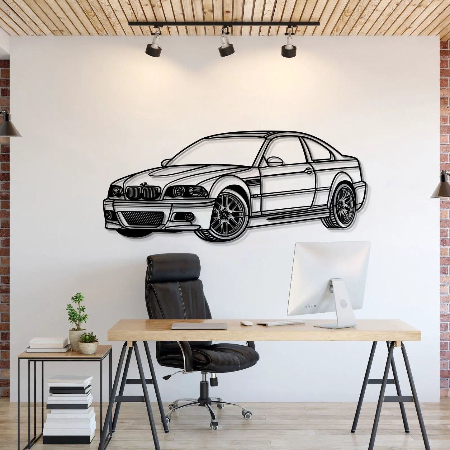 E46 Perspective Metal Car Wall Art, black line drawing of a BMW E46 for car fans on Tampa Home & Garden Store