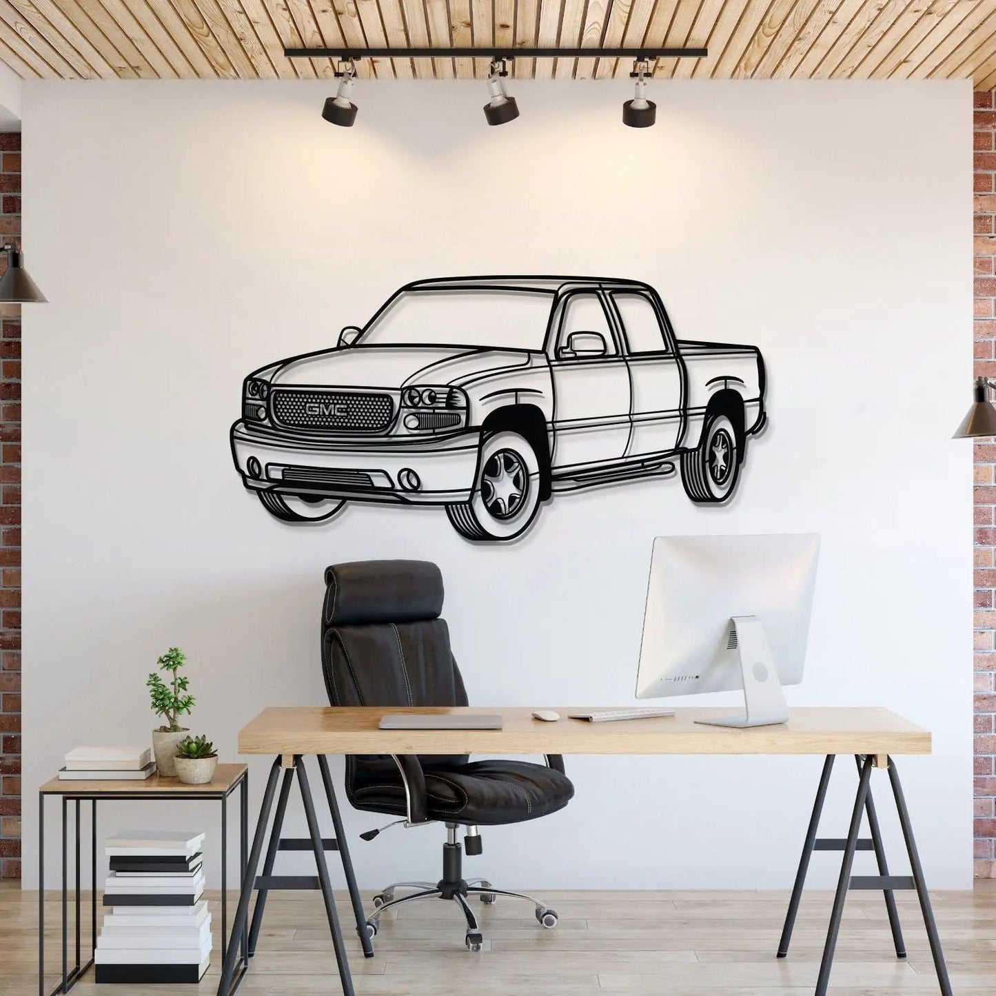 2005 Sierra Denali 1500 Crew Cab metal wall art in black line-drawn GMC pickup on Tampa Home & Garden Store