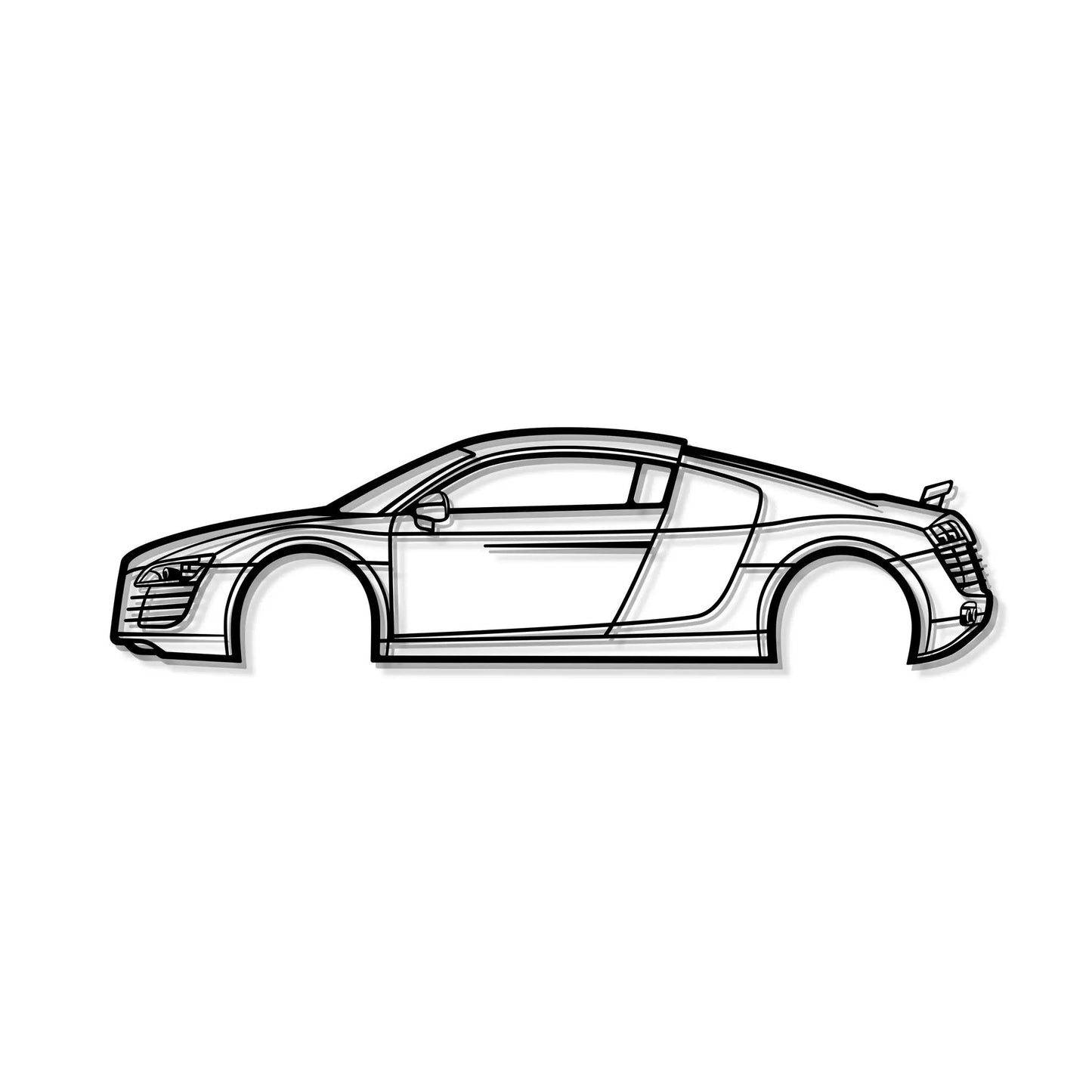 R8 2007 metal car wall art; black line drawing of a sport coupe, Modello Turbo artwork on Tampa Home & Garden Store
