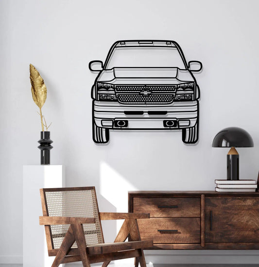 2007 Silverado Duramax front-view metal wall art by Modello Turbo in black outline on wall on Tampa Home & Garden Store