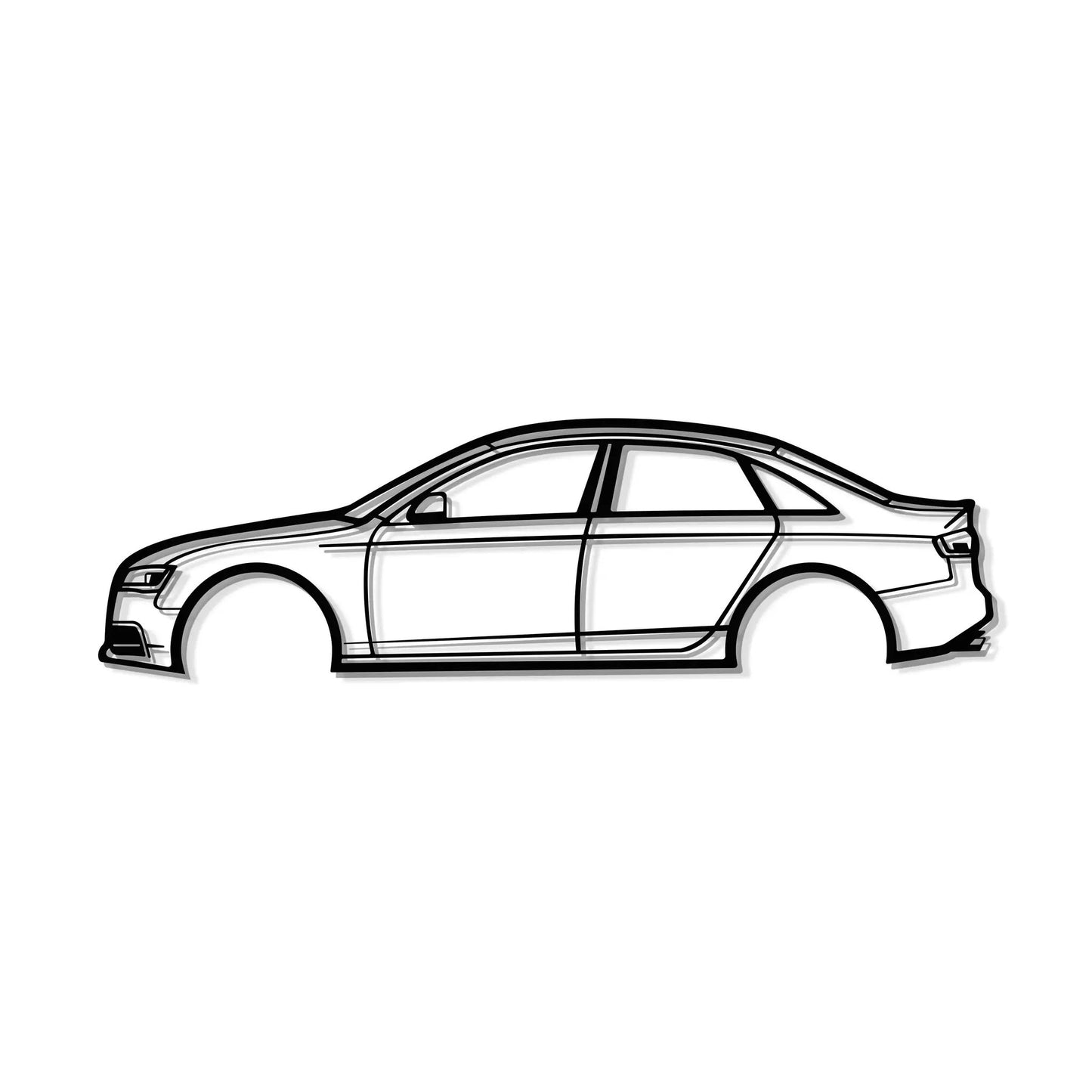 2009 S4 Metal Car Wall Art line-drawn side-profile sedan in black and white on Tampa Home & Garden Store
