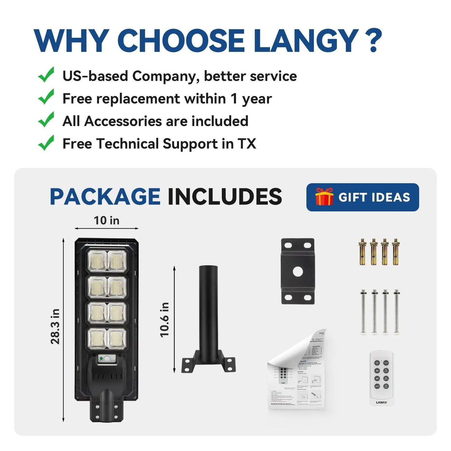 Langy 200W Solar Parking Lot Light with 30,000 lumens, black LED module and mounting kit on Tampa Home & Garden Store