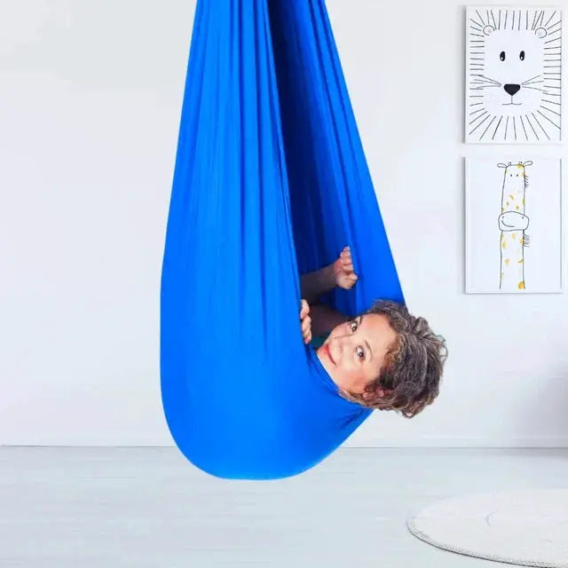 Kids Indoor Sensory Swing Hammock Cocoon Seat in bright blue fabric Moktan Sabai play swing on Tampa Home & Garden Store