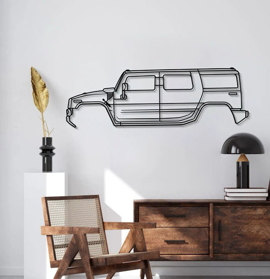2010 H2 Metal Car Wall Art by Modello Turbo, black SUV line-art silhouette mounted on wall on Tampa Home & Garden Store