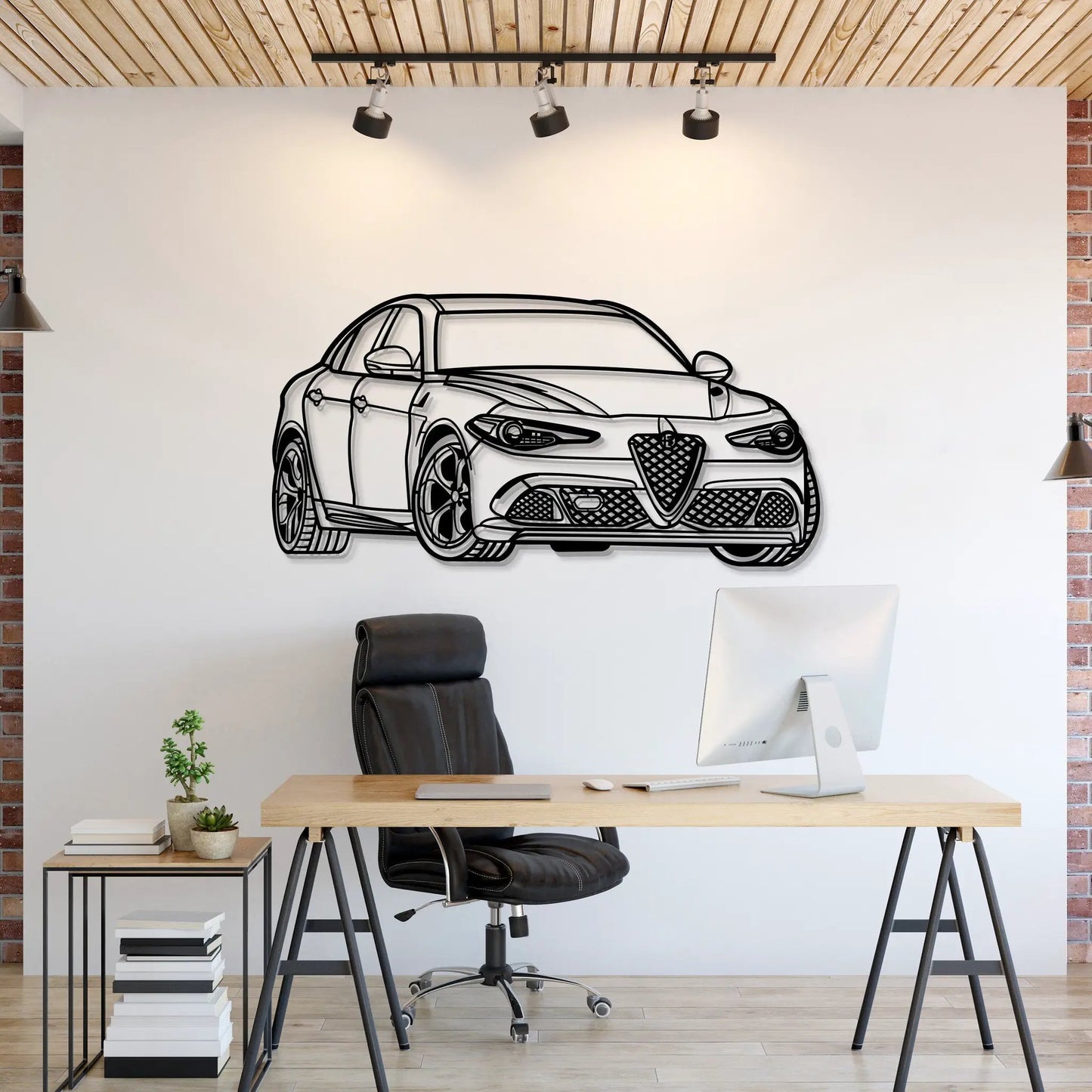 Guilia Quadrifoglio Car Wall Art by Modello Turbo black line car art on white wall on Tampa Home & Garden Store