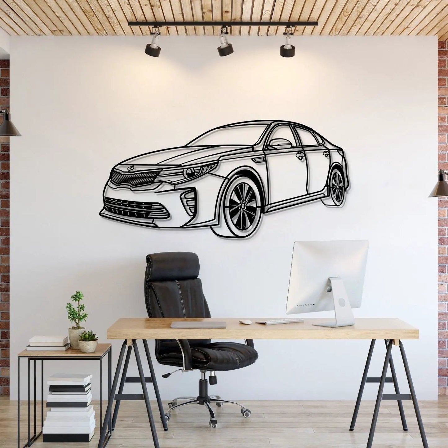 Optima Perspective 2016 metal car wall art, black line-drawn sedan for modern office decor on Tampa Home & Garden Store