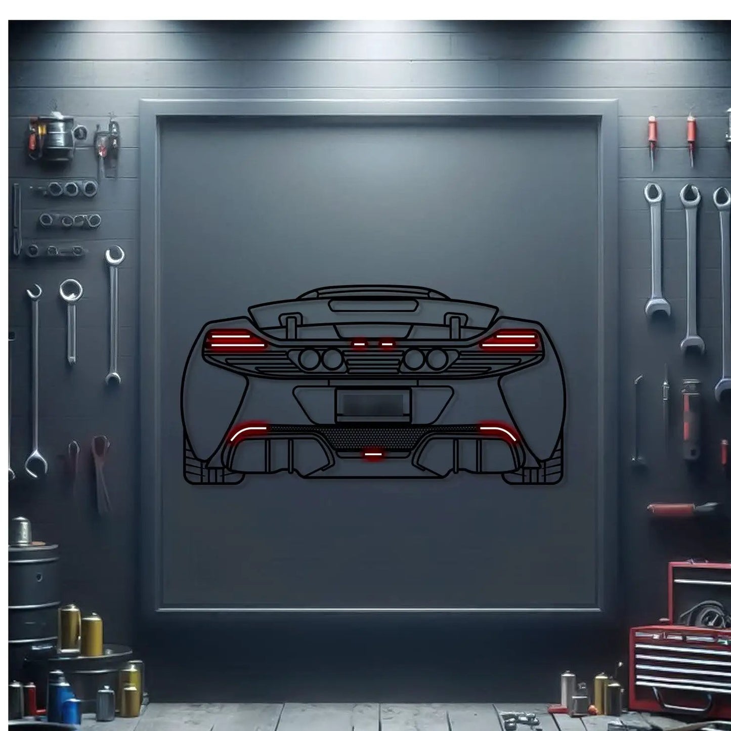 McLaren 650S back-view neon metal wall art by Modello Turbo, automotive artwork on Tampa Home & Garden Store