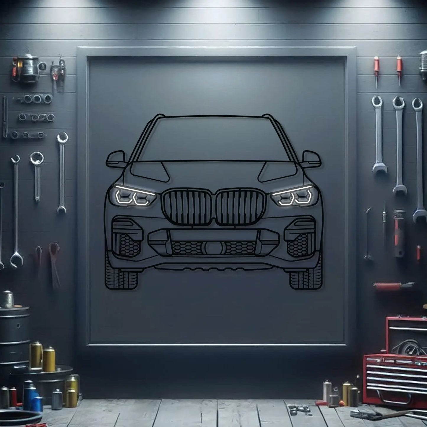 BMW X5 Front View Metal Neon Car Wall Art by Modello Turbo, automotive artwork on Tampa Home & Garden Store