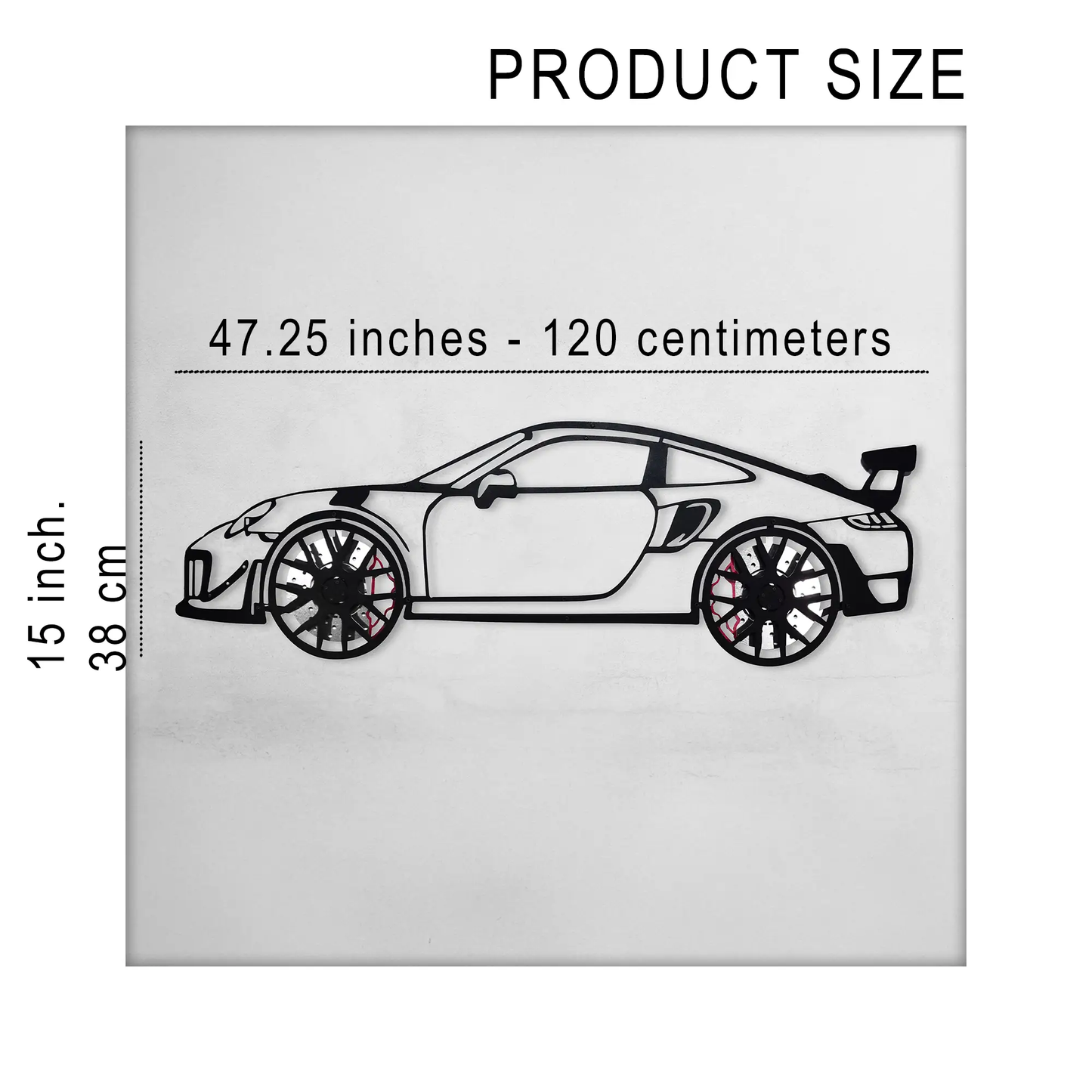 Porsche 911 GT2 RS metal wall art with black line drawing and wheel detail on Tampa Home & Garden Store