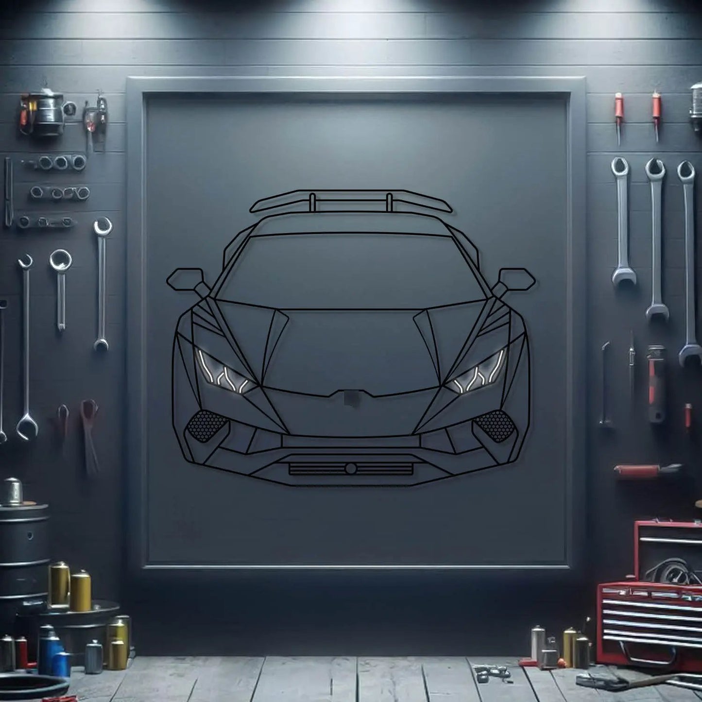 Modello Turbo Lamborghini Huracan Performante front-view line art artwork on garage door on Tampa Home & Garden Store