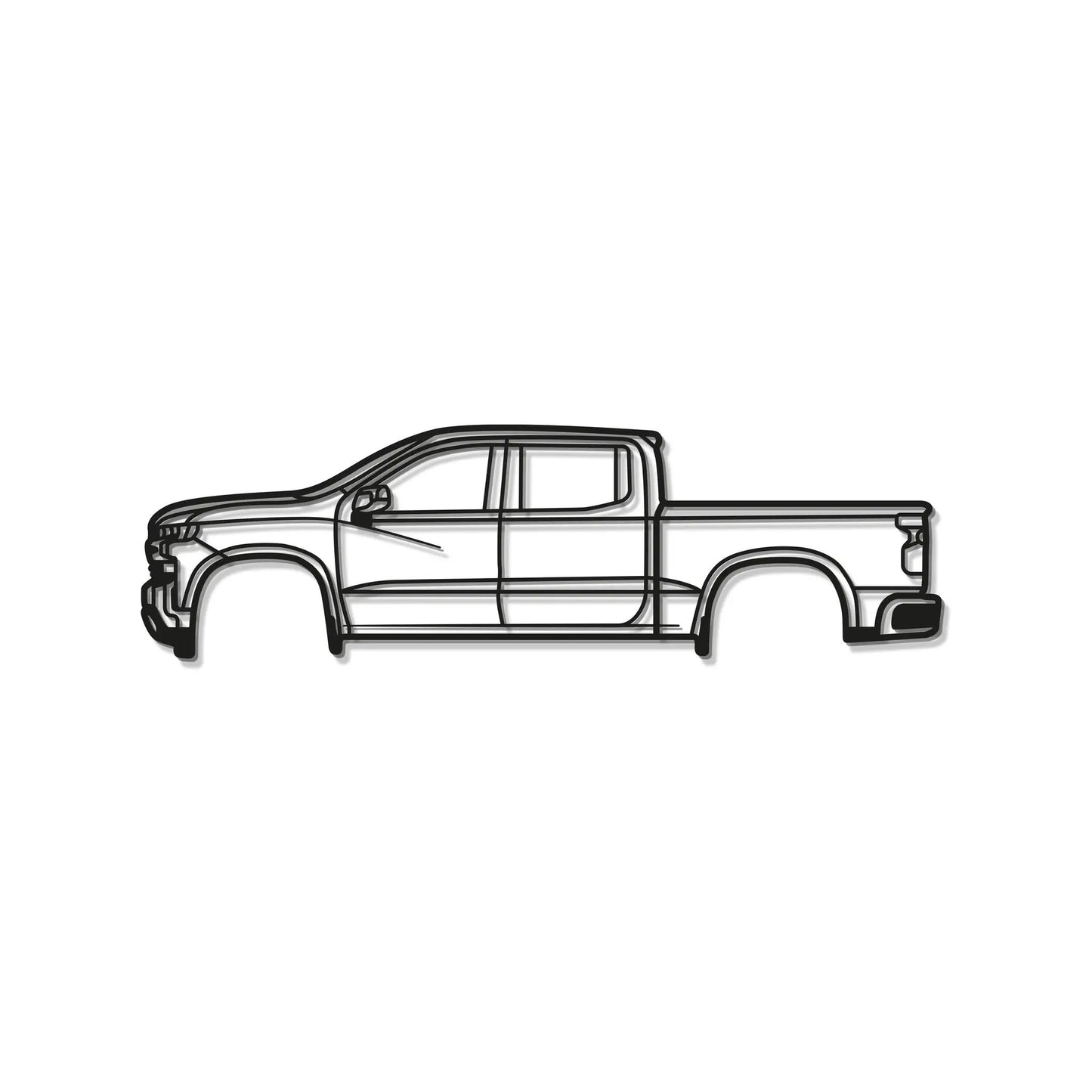 2019 Silverado 1500 metal wall art by Modello Turbo; black line art pickup profile on white on Tampa Home & Garden Store