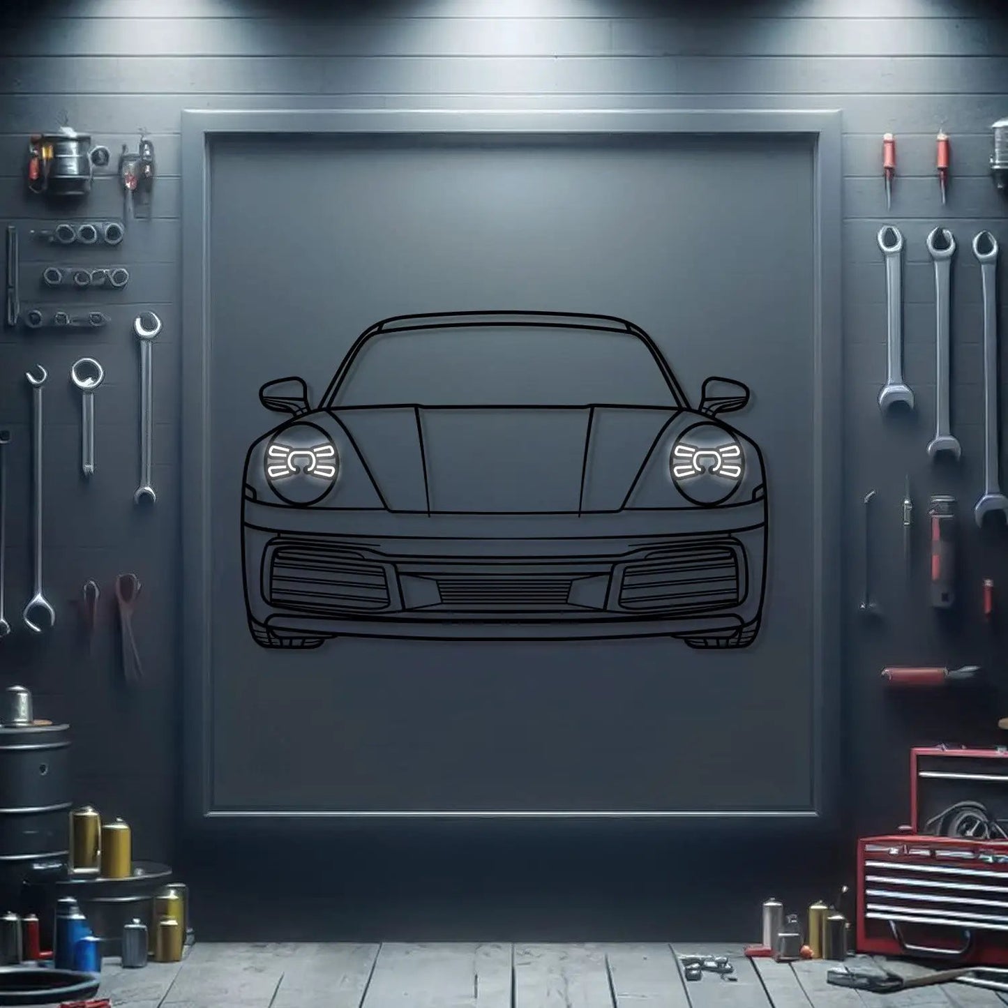 911 Carrera Front View Neon Car Wall Art in black metal with glowing headlights by Modello Turbo on Tampa Home & Garden Store