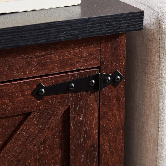 Farmhouse end table with barn door oak, dark finish and black metal hardware on Tampa Home & Garden Store
