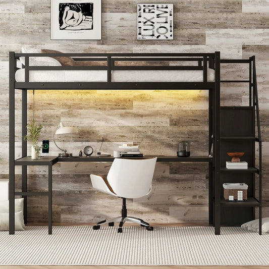 Twin XL loft bed with L-shaped desk in black metal finish with USB on Tampa Home & Garden Store