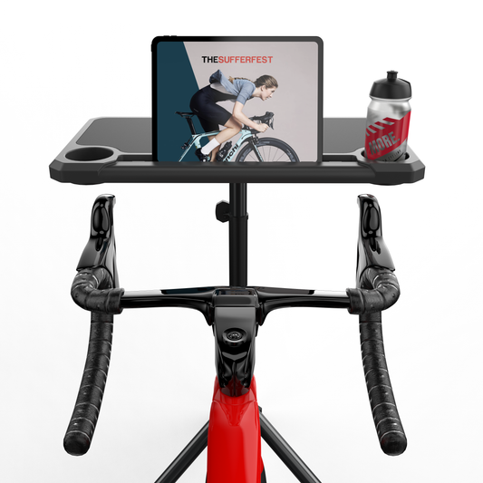 Indoor Media Display Cycling Desk KOM Cycling, red bike frame with tablet screen on Tampa Home & Garden Store