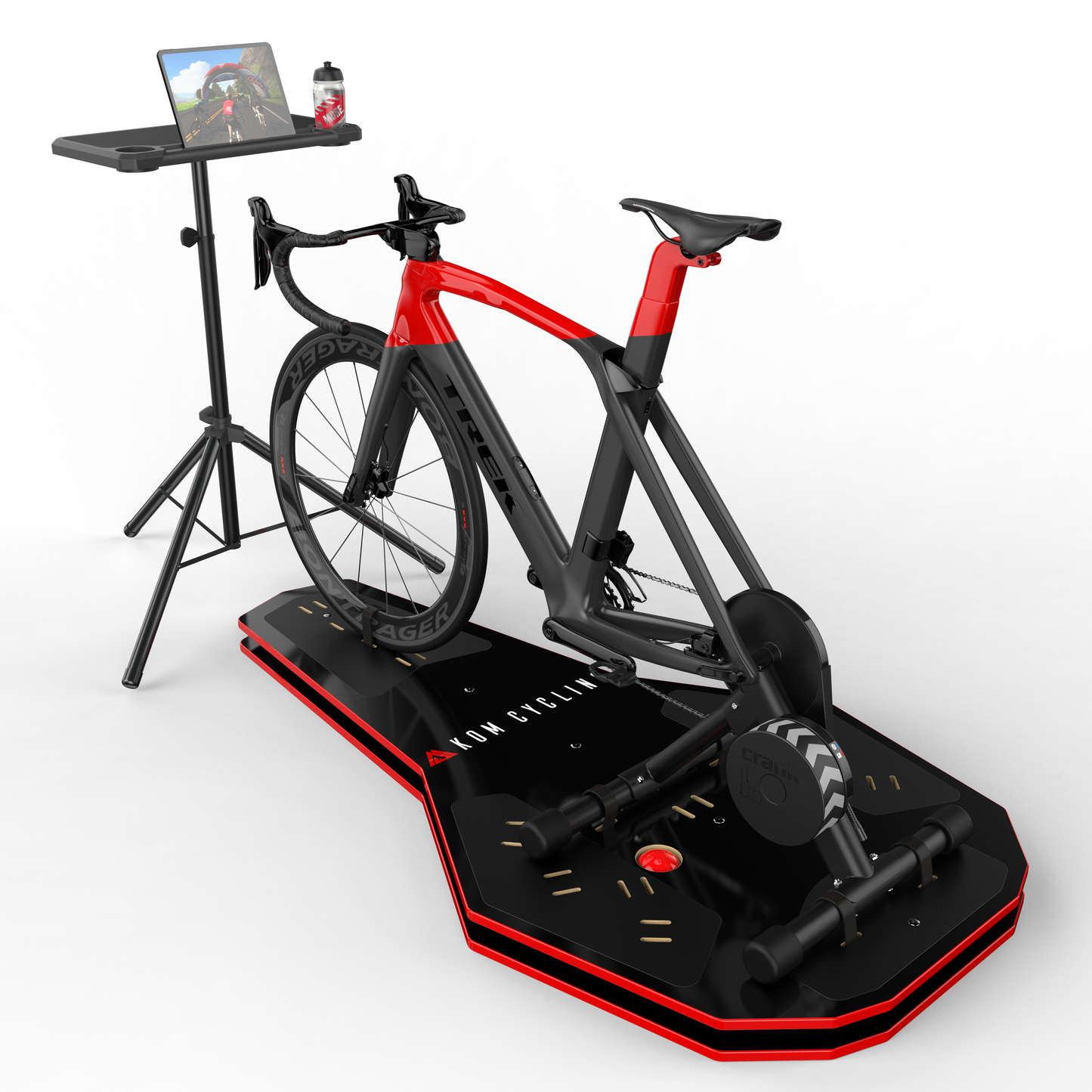 Indoor Media Display Cycling Desk with KOM Cycling on black/red indoor bike trainer on Tampa Home & Garden Store