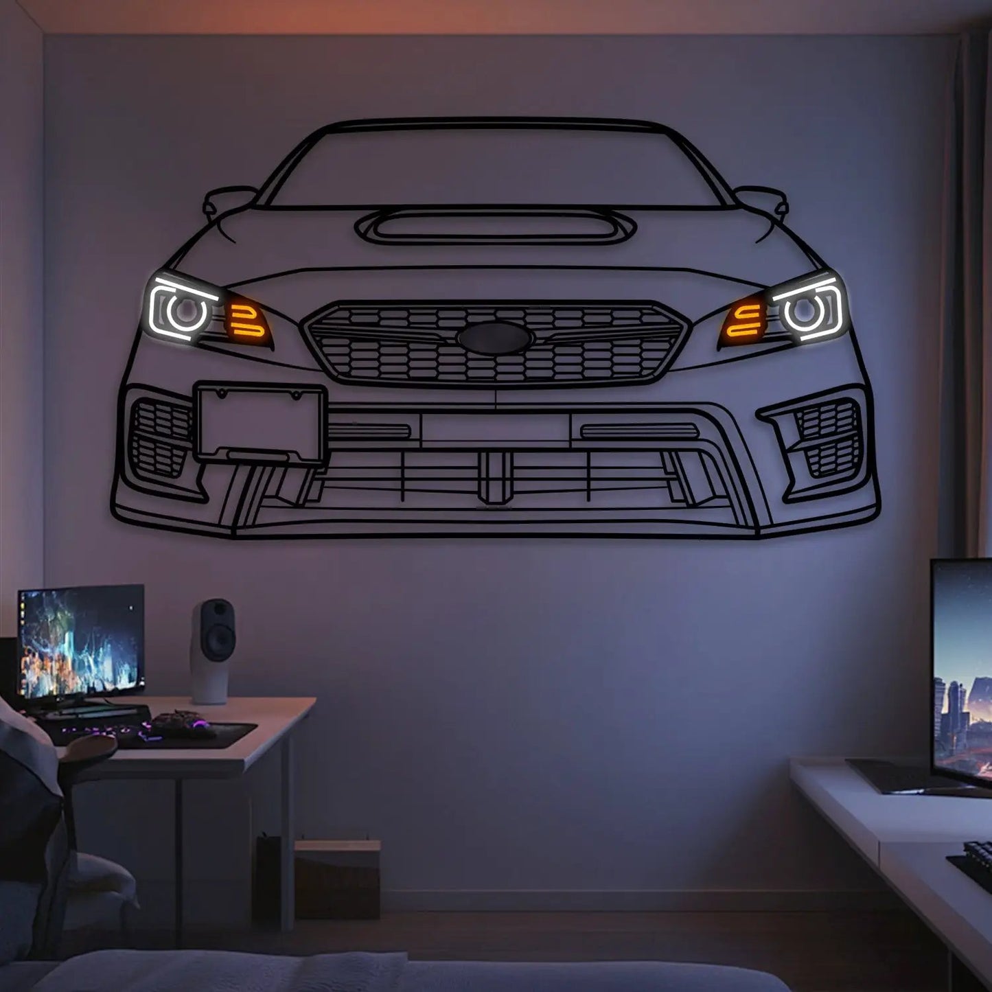 2020 WRX STI Front View Metal Neon Wall Art with white headlights and orange indicators on Tampa Home & Garden Store