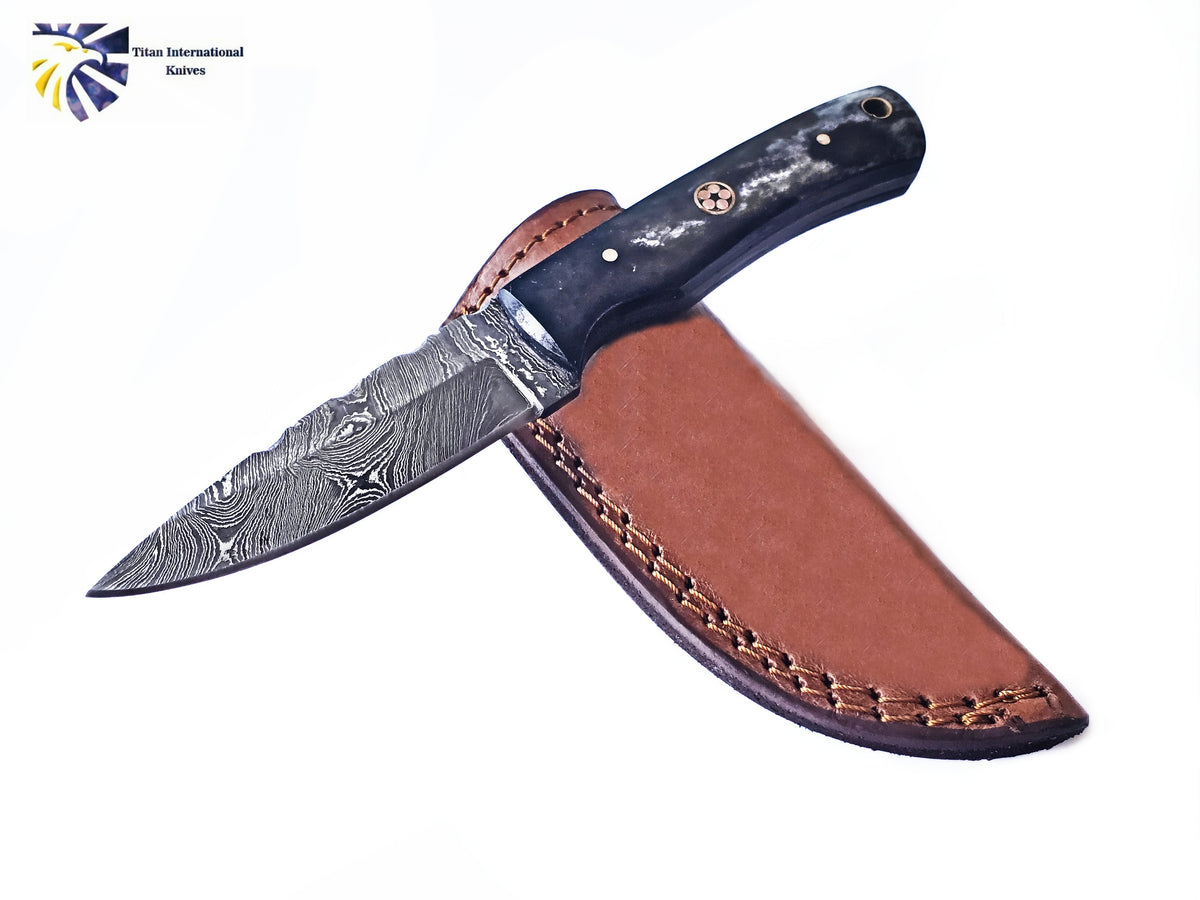 Titan TD-213 damascus skinning knife with dyed bone handle and brown leather sheath on Tampa Home & Garden Store