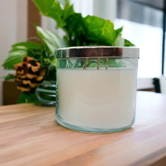 Simplistic No Label Candle 14.5oz Soy 3 Wick in a clear glass jar with a metal lid, white wax on Tampa Home & Garden Store