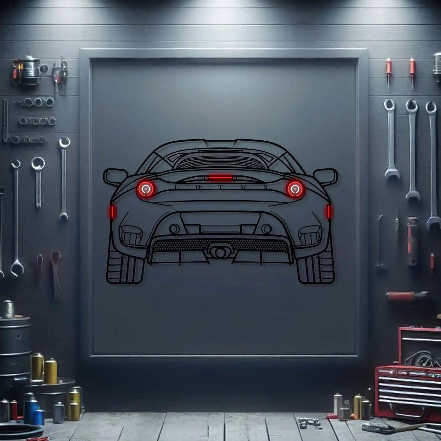 Lotus Evora GT back view wall art neon red outline on metal by Modello Turbo on Tampa Home & Garden Store