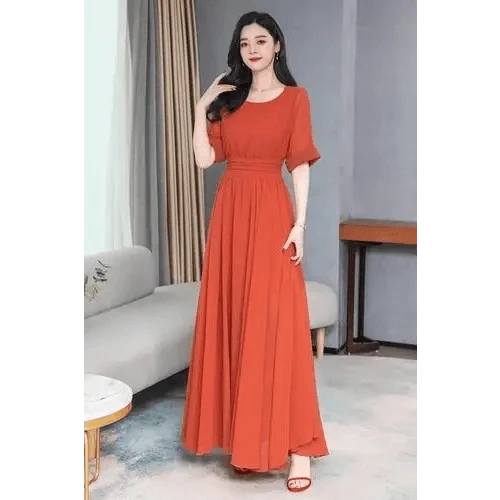 Stevvex long chiffon dress orange floor-length with puff sleeves and empire waist on Tampa Home & Garden Store