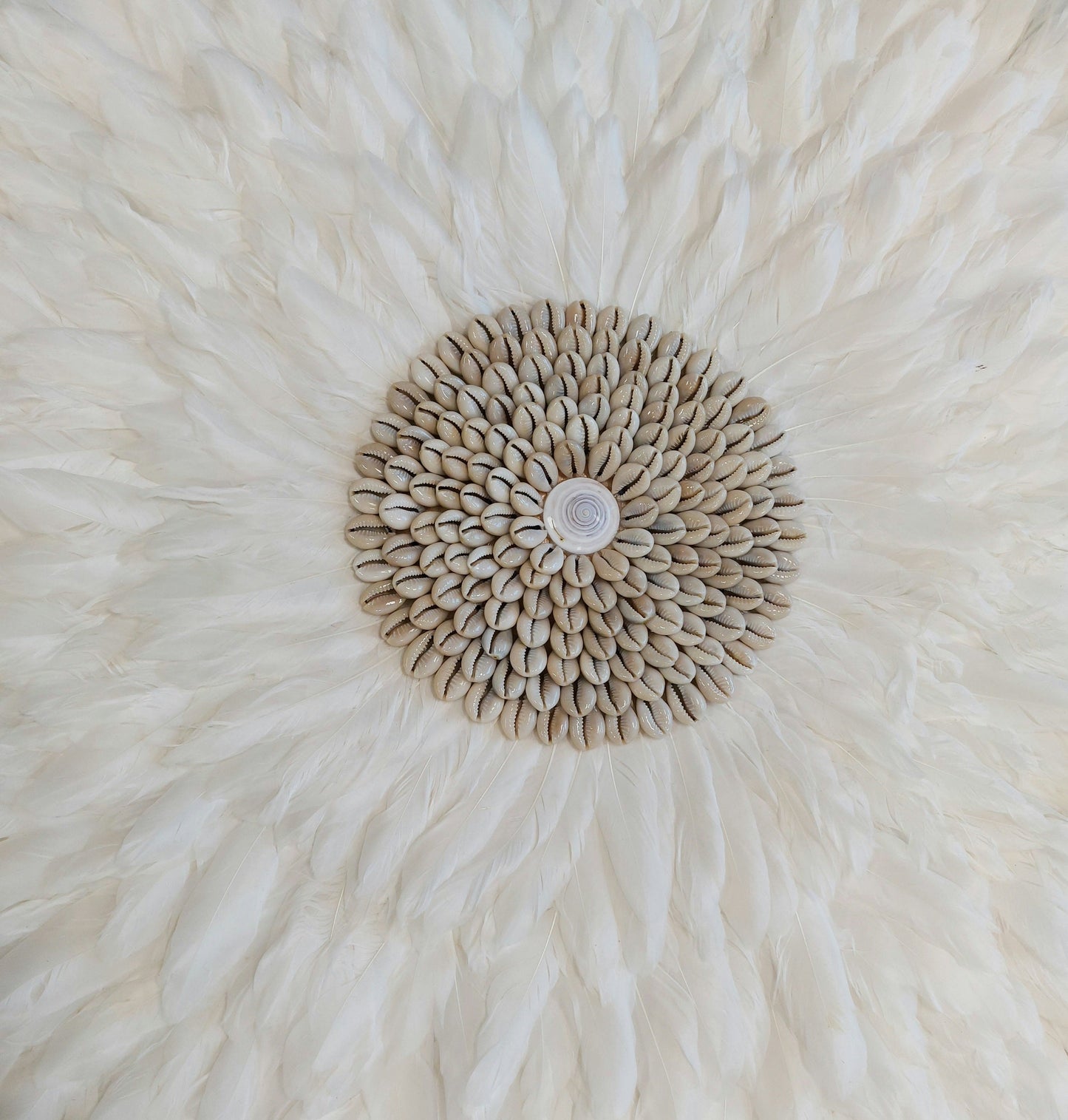 Feather Juju Hat wall hanging with cream shell center, circular seashell motif on Tampa Home & Garden Store
