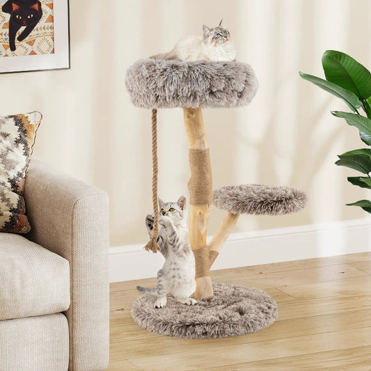 Modern Wooden Cat Tree With Perch and Jute Posts
