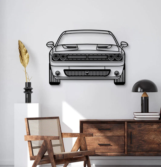 Challenger Front View Metal Car Wall Art by Modello Turbo, black line-art silhouette on Tampa Home & Garden Store