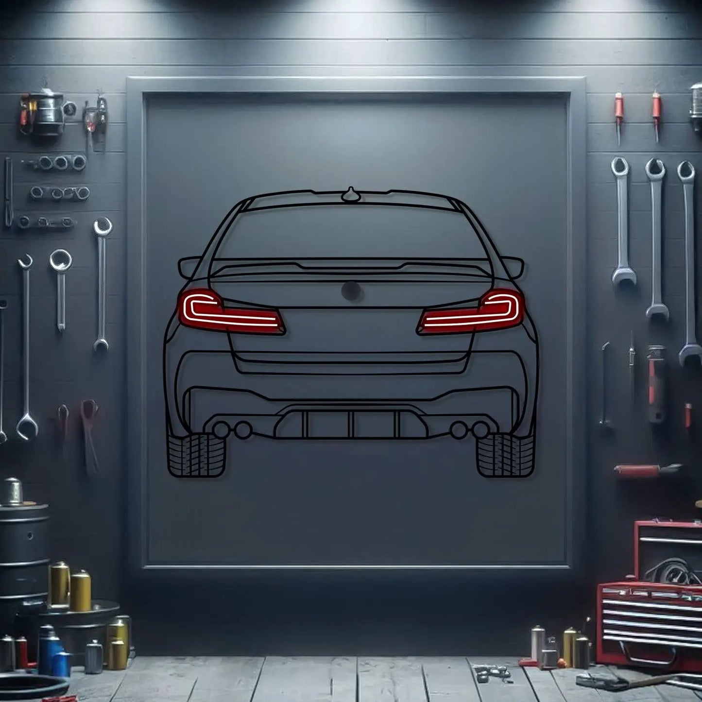 Metal neon wall art of 2021 M5 Competition rear view with red taillights by Modello Turbo on Tampa Home & Garden Store