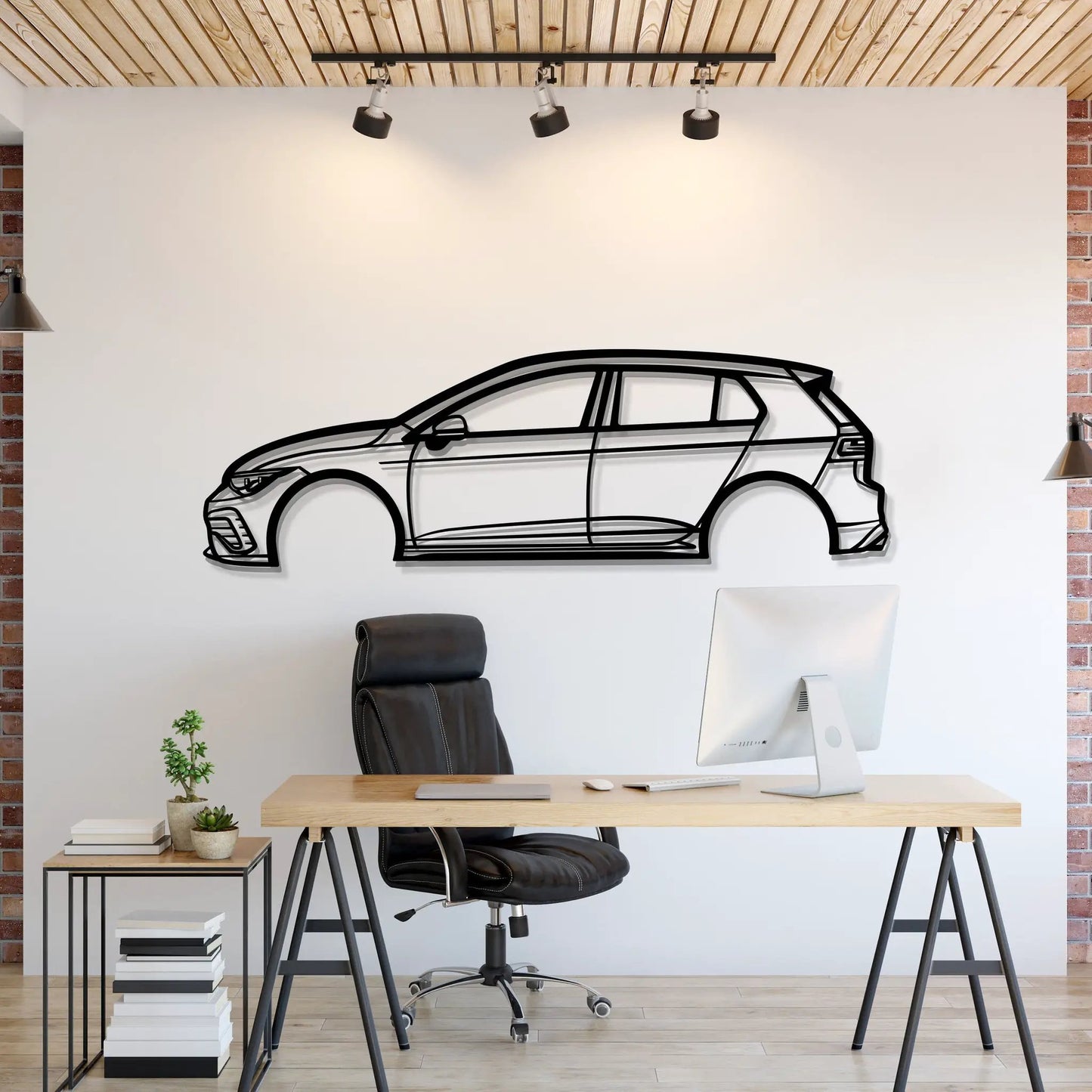 2022 Golf GTI metal wall art line drawing in black on white wall in office scene on Tampa Home & Garden Store