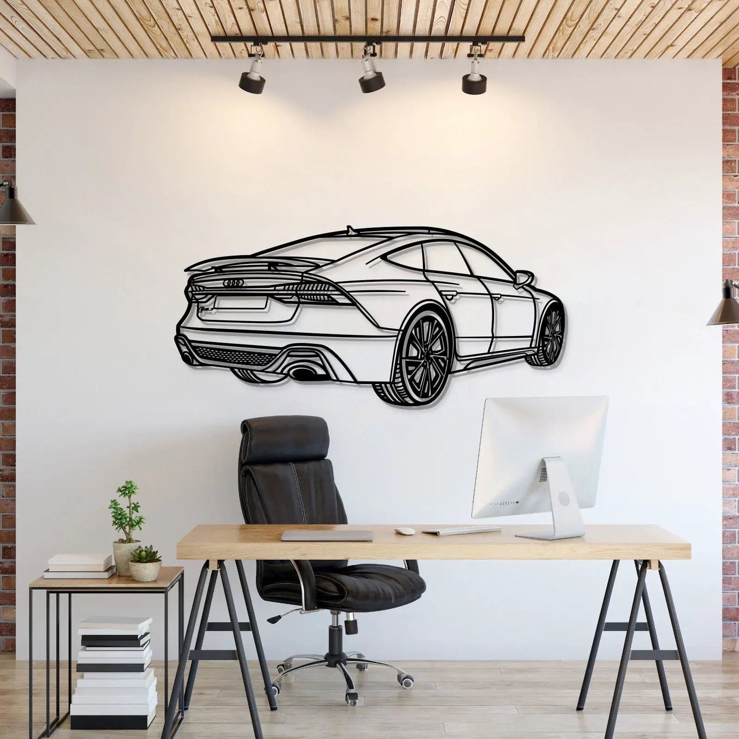 RS7 Perspective Metal Car Wall Art Decor, black line-art sedan on white wall in a modern office on Tampa Home & Garden Store