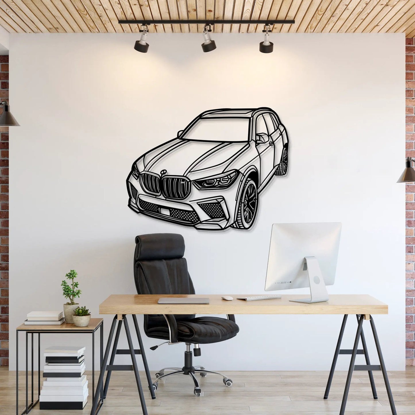 2022 X5 M Perspective Metal Wall Art by Modello Turbo, black line-drawn car illustration on Tampa Home & Garden Store