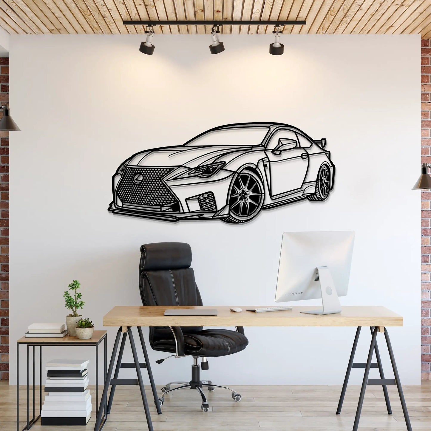 RC F Perspective Metal Wall Art by Modello Turbo, black line-drawing sports car, decor on Tampa Home & Garden Store