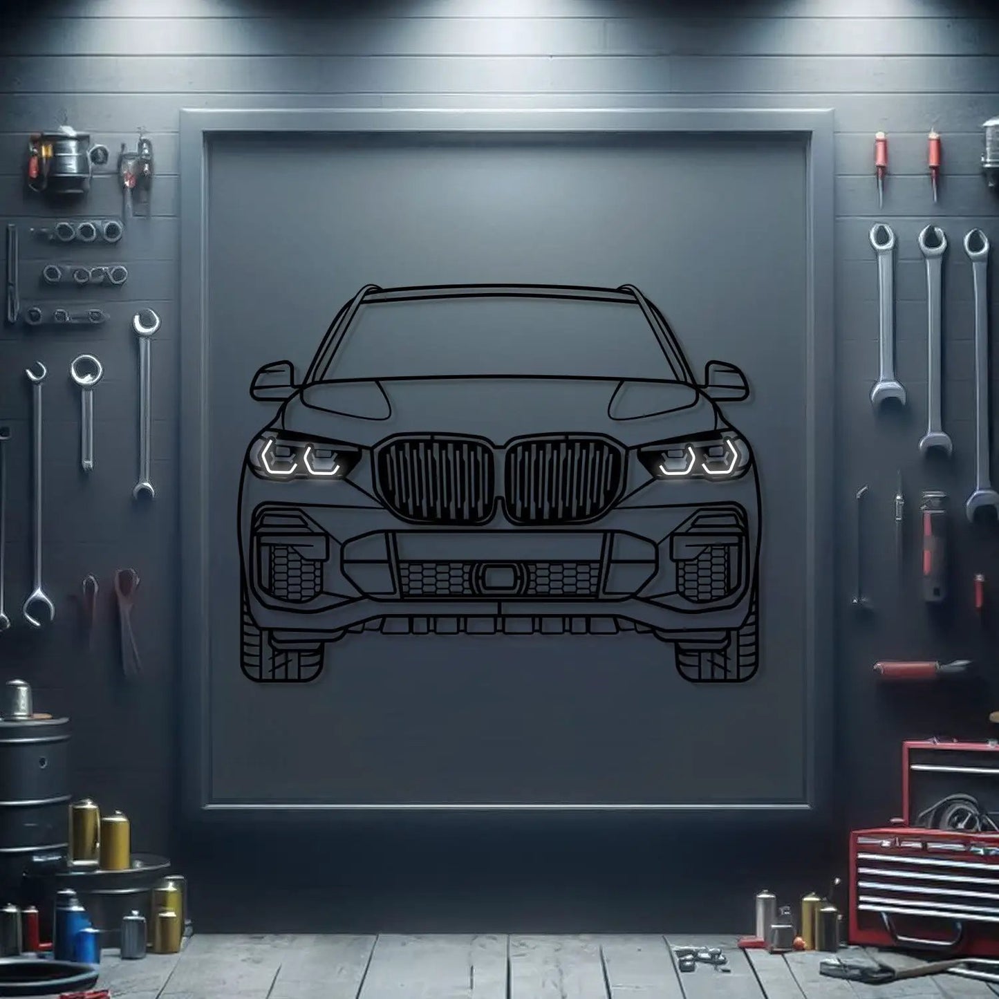 Front view metal neon car wall art 2022 X5 M50i by Modello Turbo on Tampa Home & Garden Store