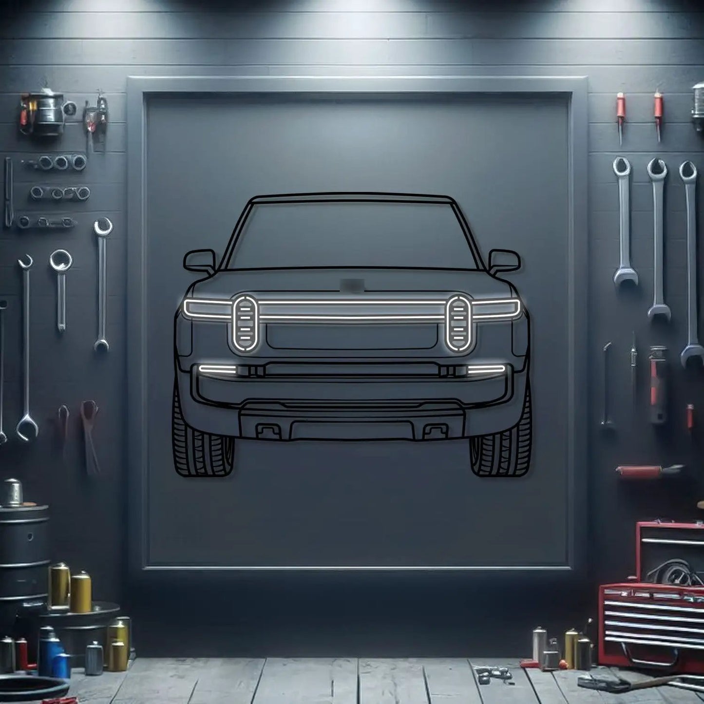 Rivian R1T front-view metal neon wall art by Modello Turbo, automotive artwork on Tampa Home & Garden Store